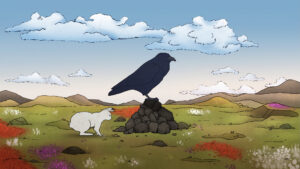 An illustration of a raven perched on top of a rock, with a white rabbit behind it.