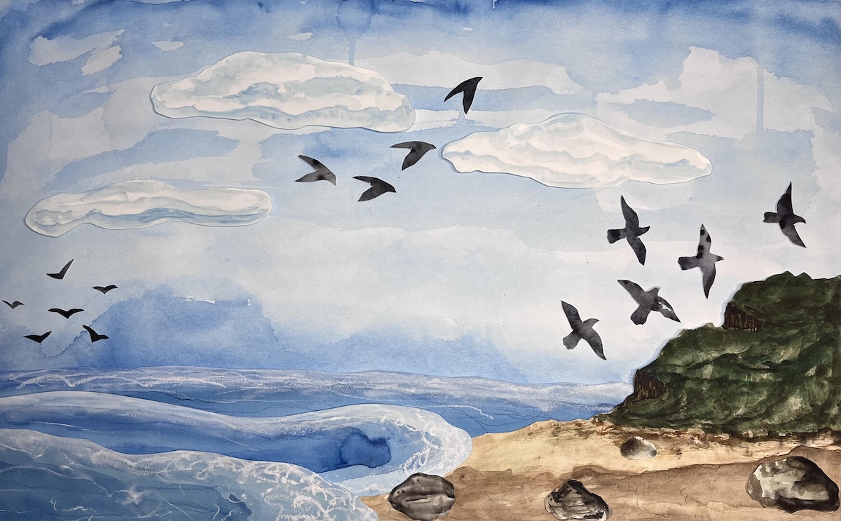 Birds and water and shoreline.