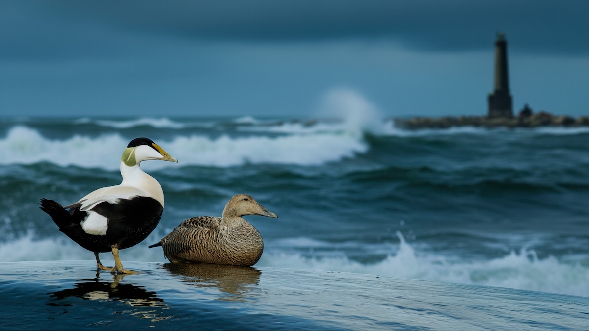 Two birds sit next to water and light house.