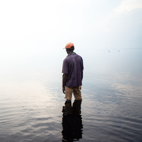 Person stands in water.
