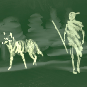 Chalkboard drawing of person and wolf.