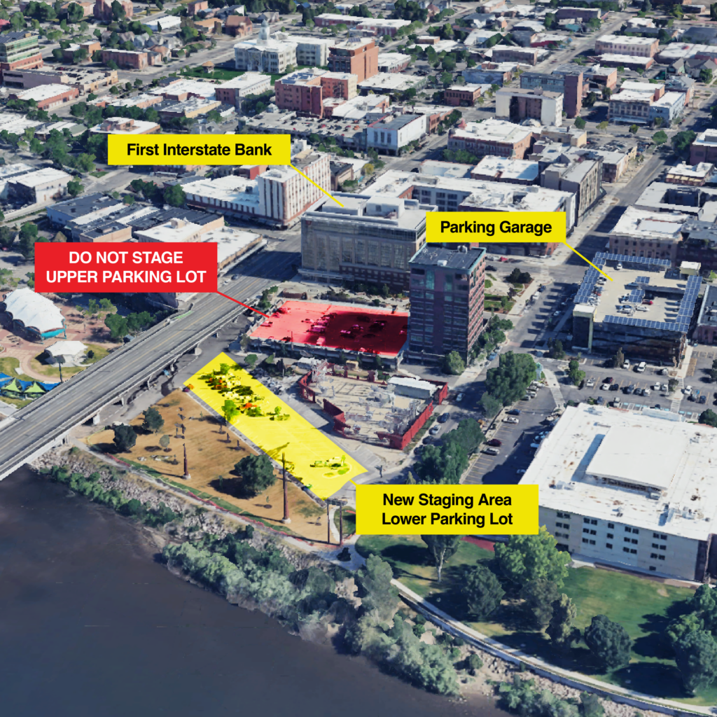 Aerial view of downtown Missoula with locations for staging of WildWalk parade.