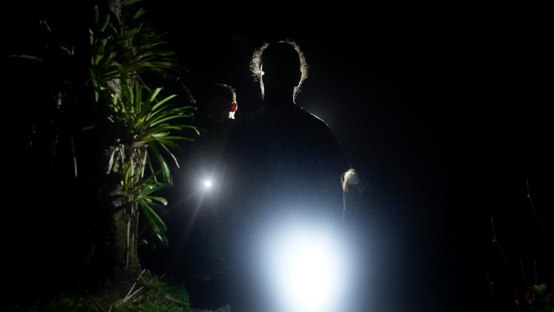 Two people stand in dark with light