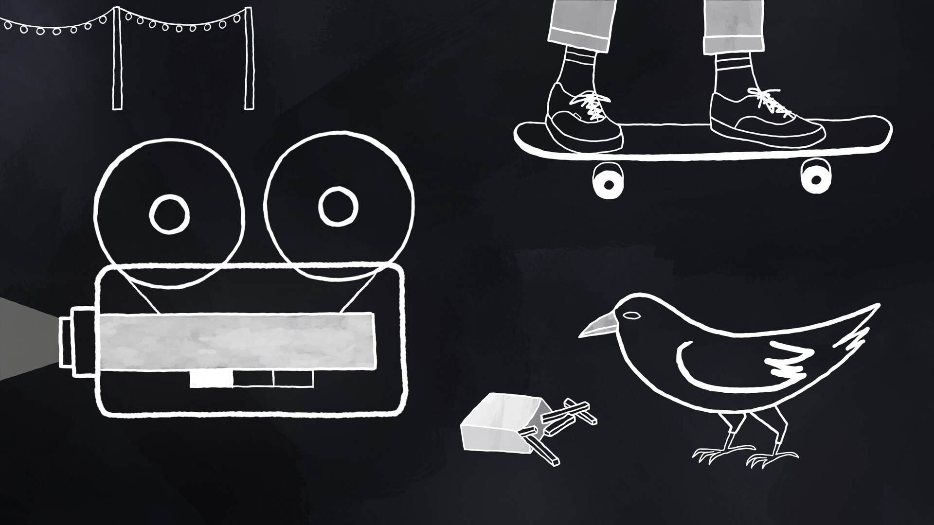 Black and white animation, person skateboarding, bird and movie camera.
