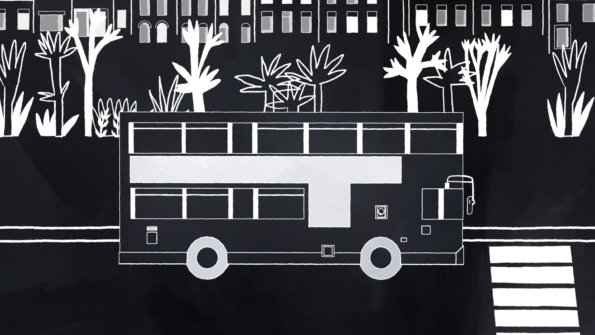 Black and white animated image of a bus on road