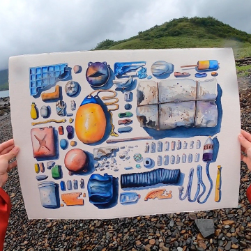 Person holds map with plastics at a beach location