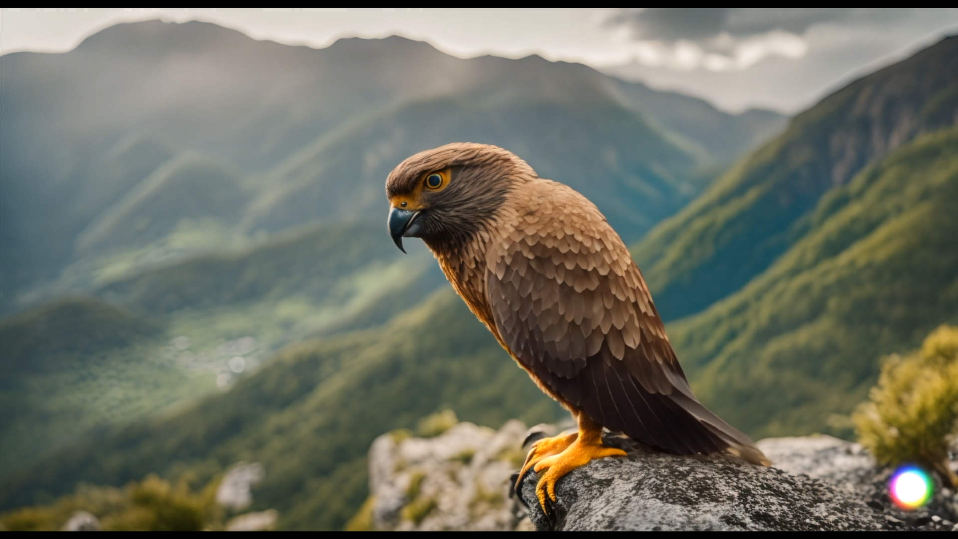 Brown bird sits on ledge surrounded by mountains.