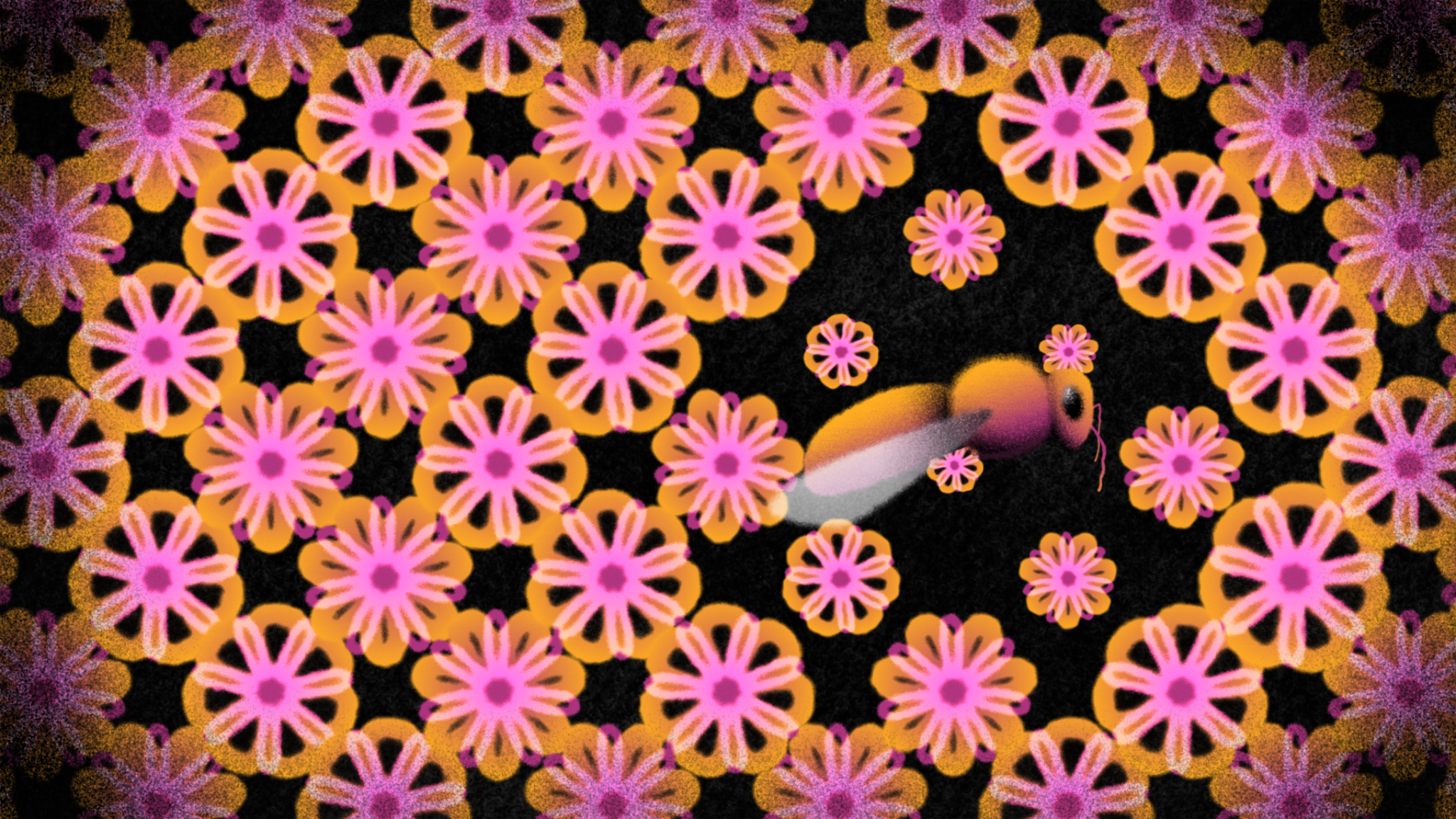 Animation of pink bee and hive.