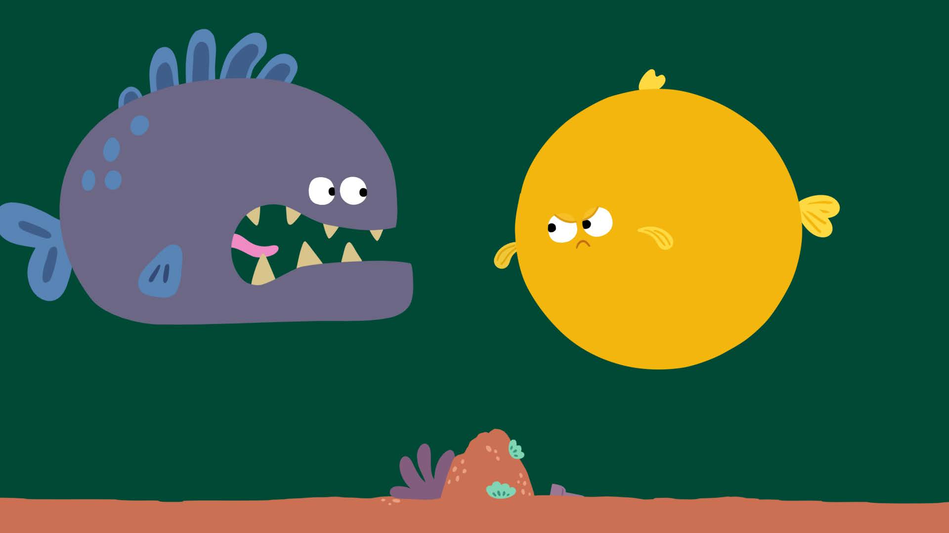 ANIMANIMALS_47_Pufferfish_Still_01 Animation of purple fish and yellow pufferfish.