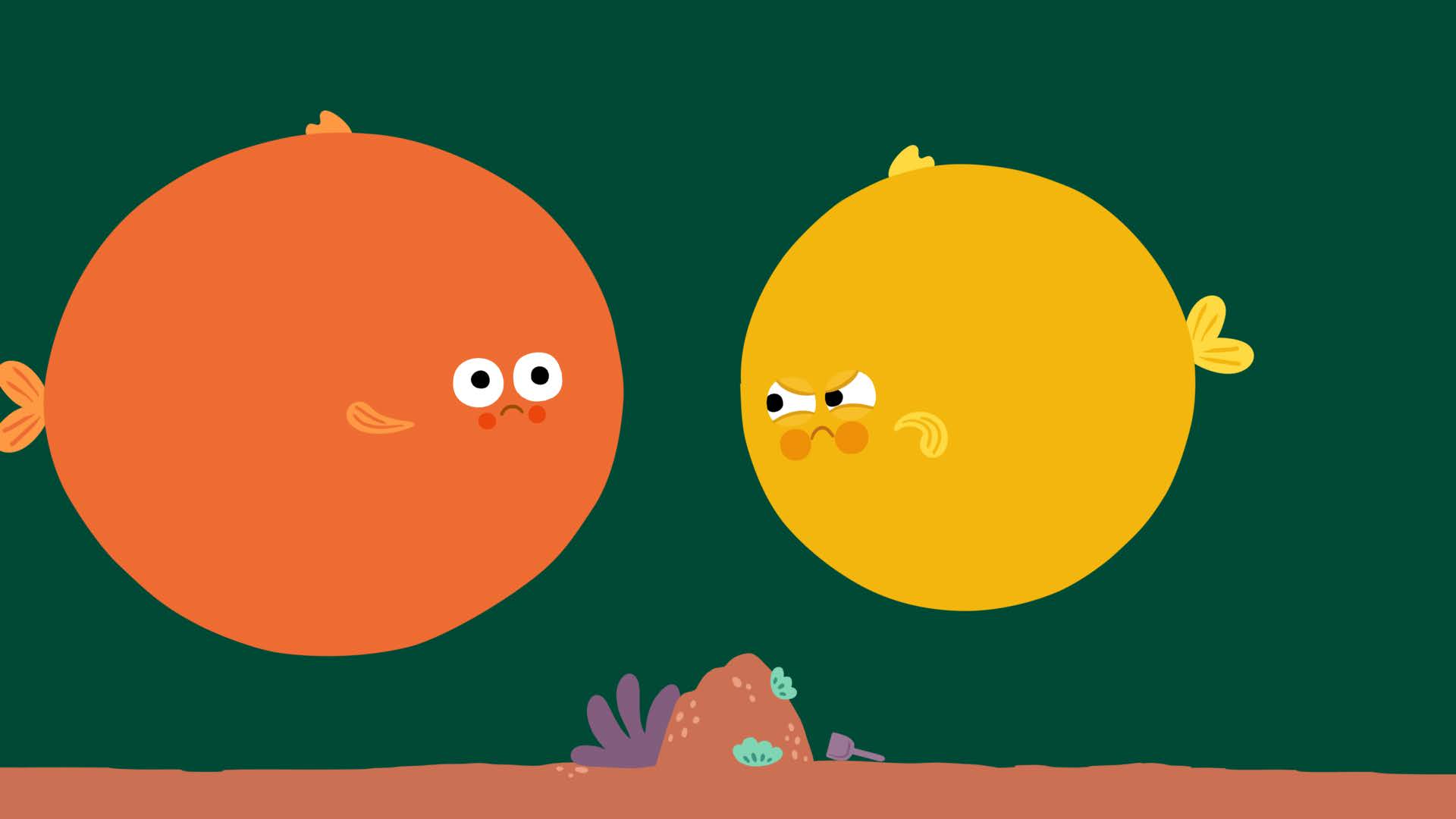 Animation of orange and yellow pufferfish.