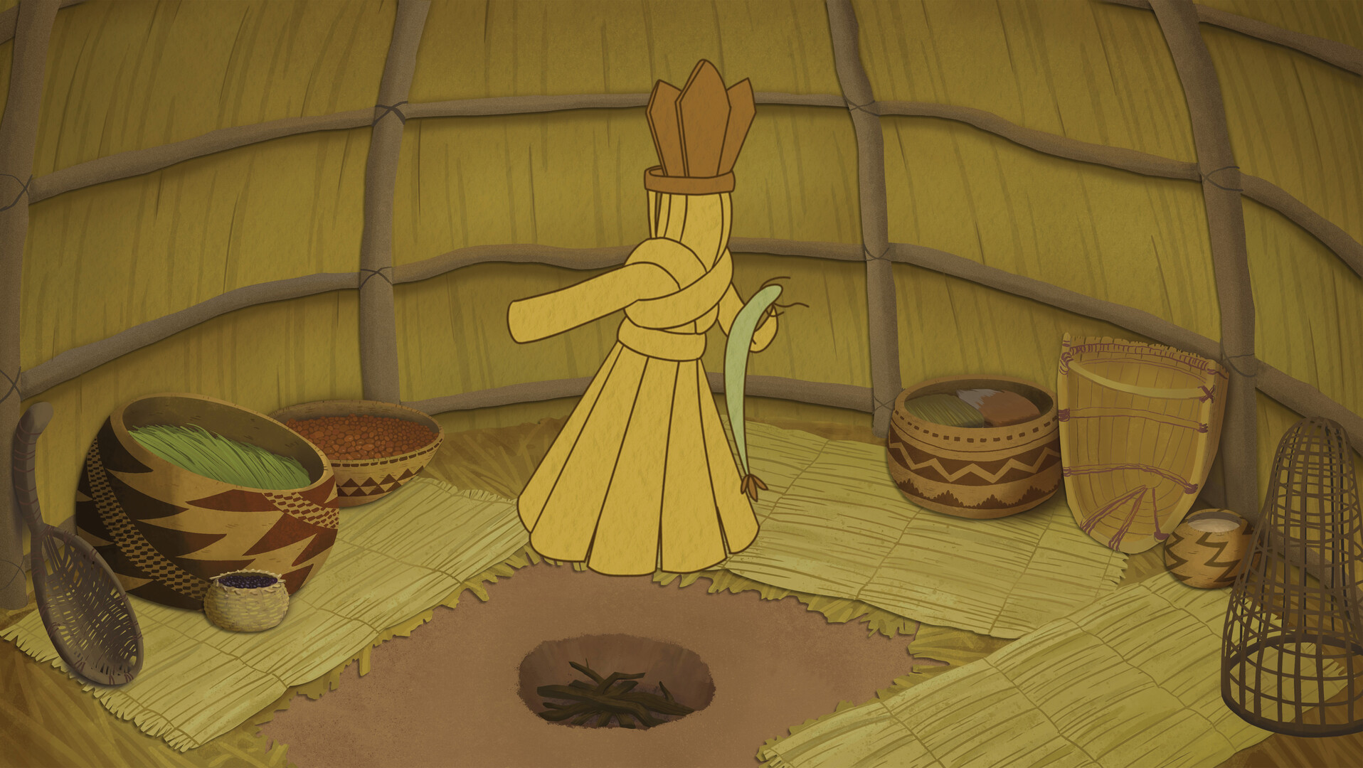 Animated image of character hovering over fire pit inside structure.