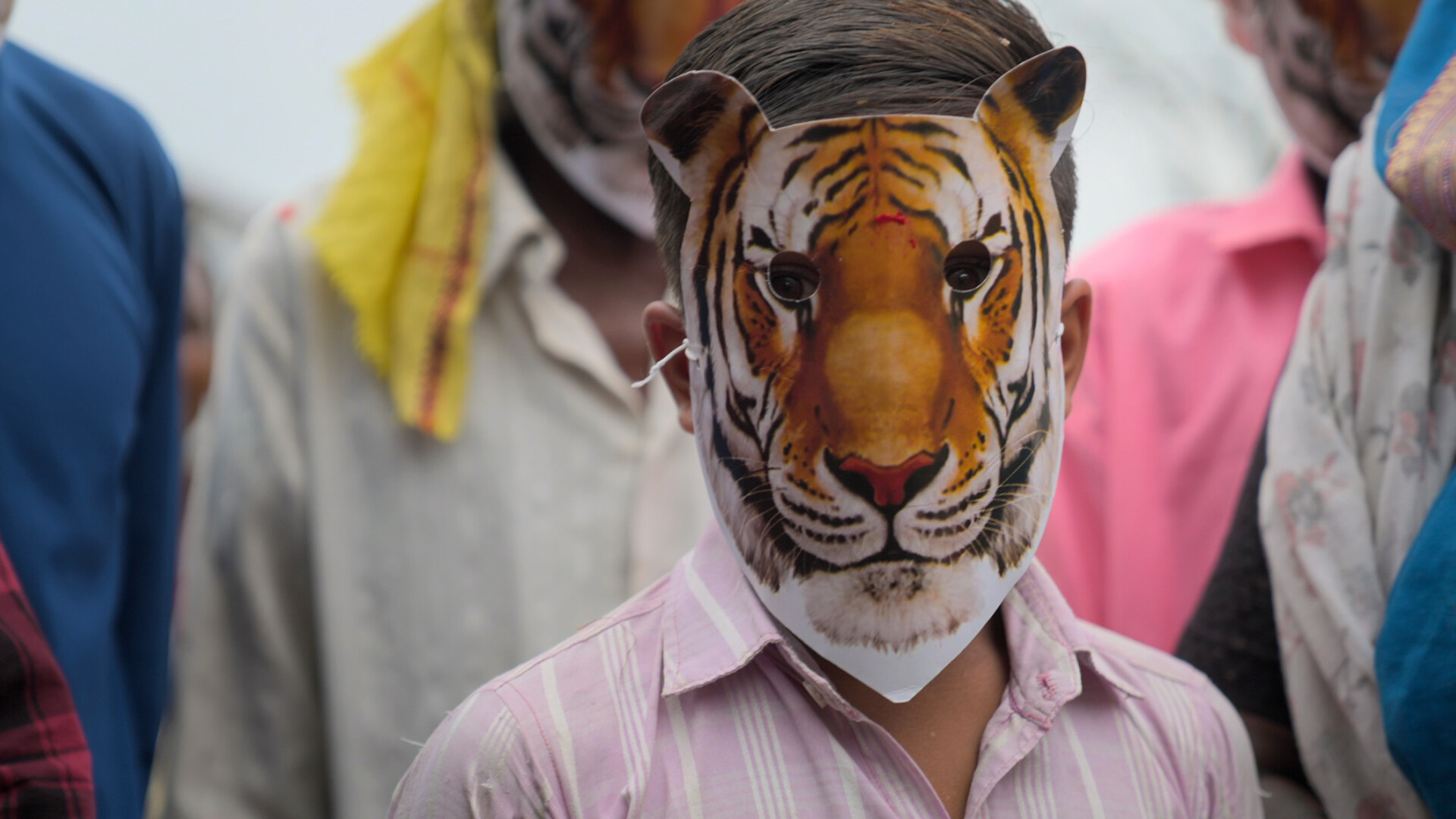 Person in crowd with tiger mask.