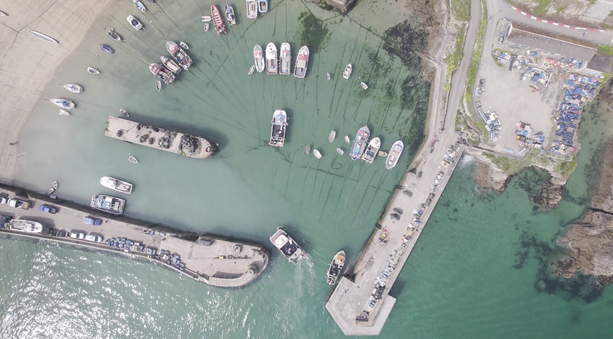 Aerial view of boats and docks.