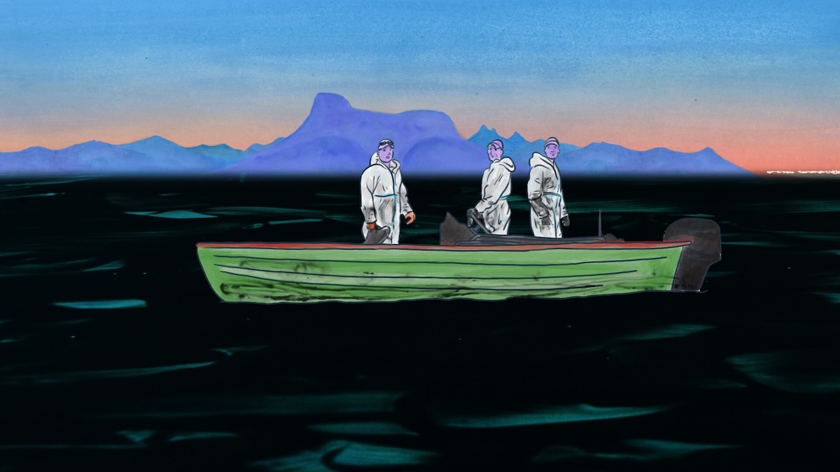 Three people stand in green boat in black water.