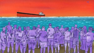 Purple people look at big ship in water against red sky.