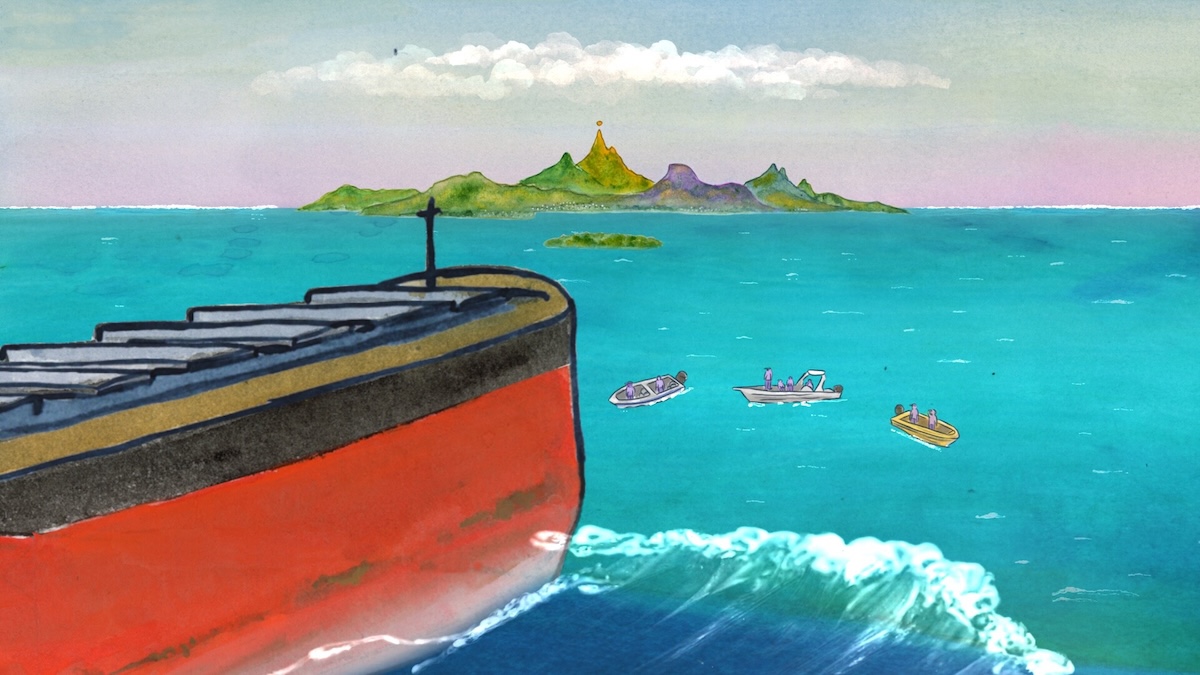 Ship on water with island and smaller boats.