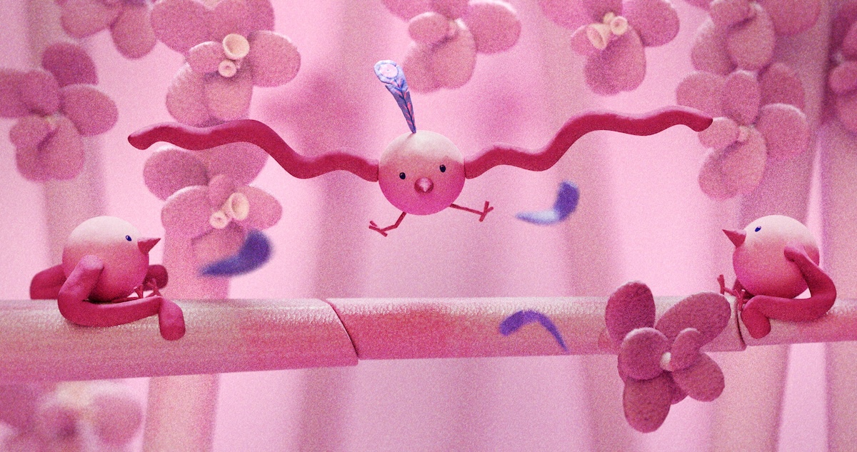 Animated pink bird flying.