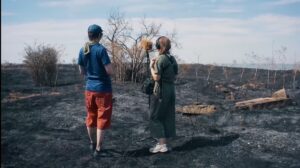 Two people stand in burned forest.