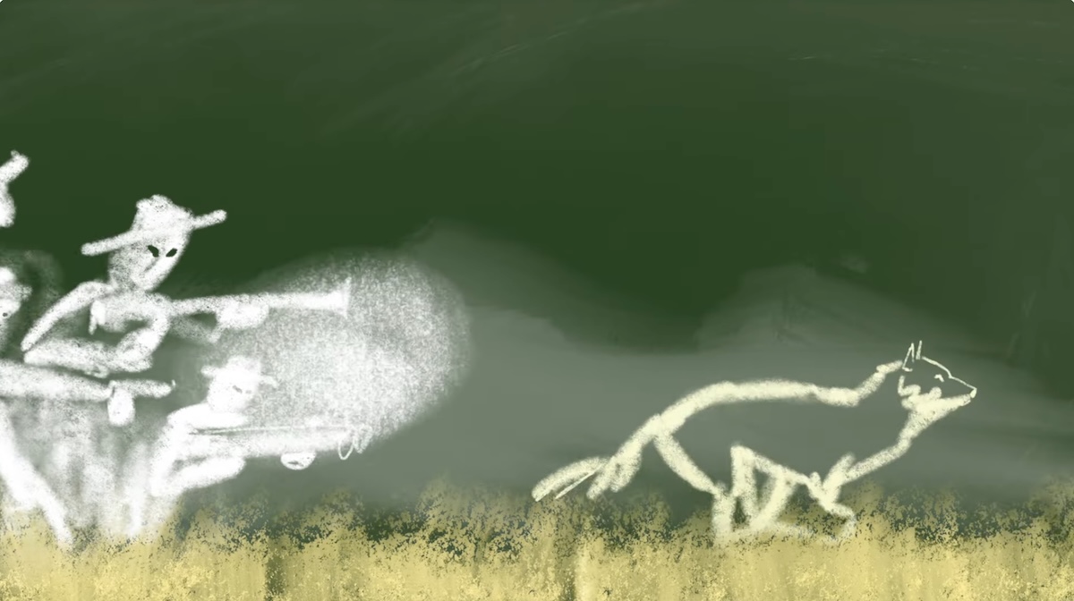 Drawing on chalkboard of wolf running from person shooting gun.