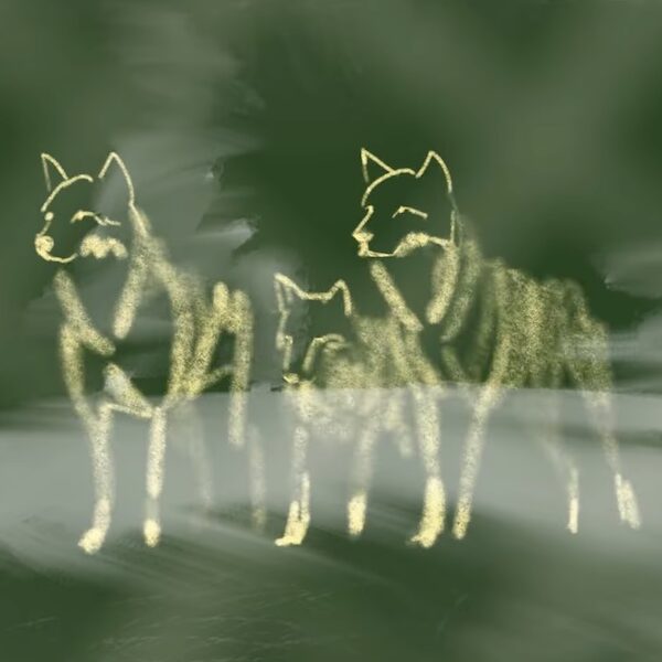 Drawing on chalkboard of group of wolves.