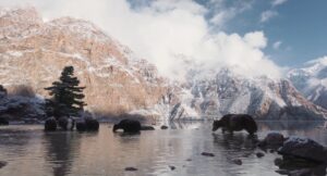 Animals move through water with mountains in background.