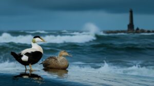 Two birds sit next to water and light house.