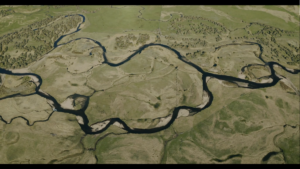 Aerial view of waters and land.