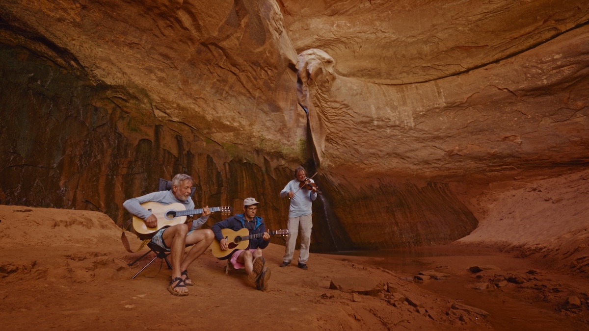 Group of people in canyon.