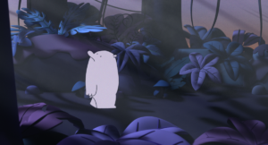 Image of figure in purple forest.