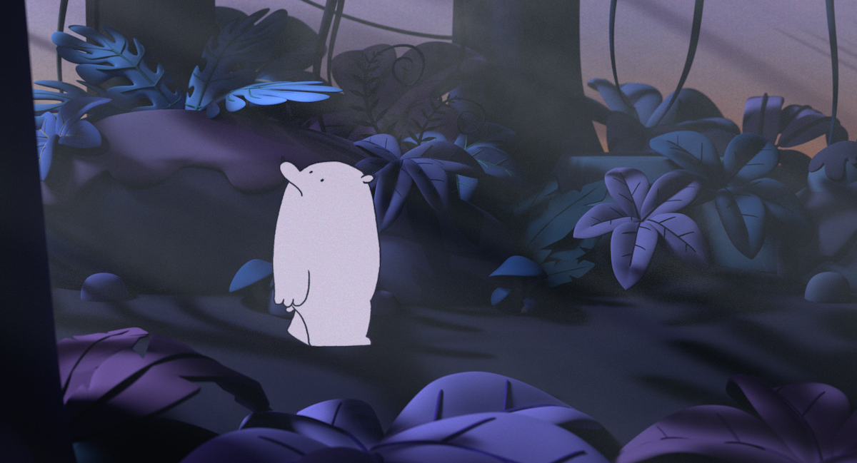 Image of figure in purple forest.