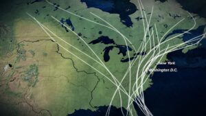 Map of North America with lines.