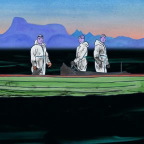 Animated image of people in green boat in black water.