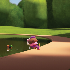 Creature and duck by pond.