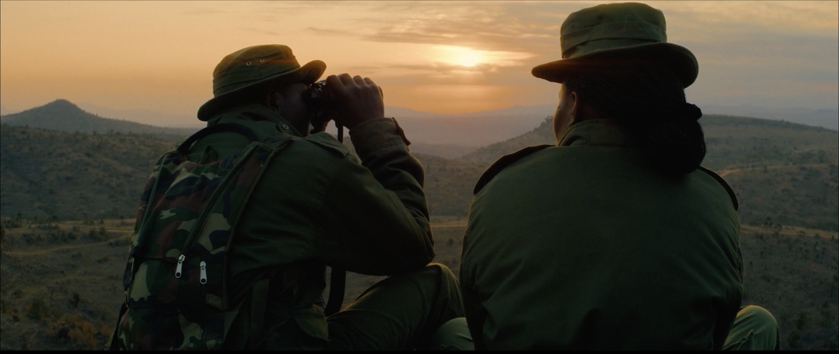 People sit with binoculars in low light.