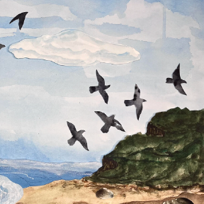 Artwork of birds flying.